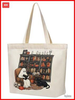Halloween Ghost Reading Canvas Tote Bag Book Lovers Zipper Purse